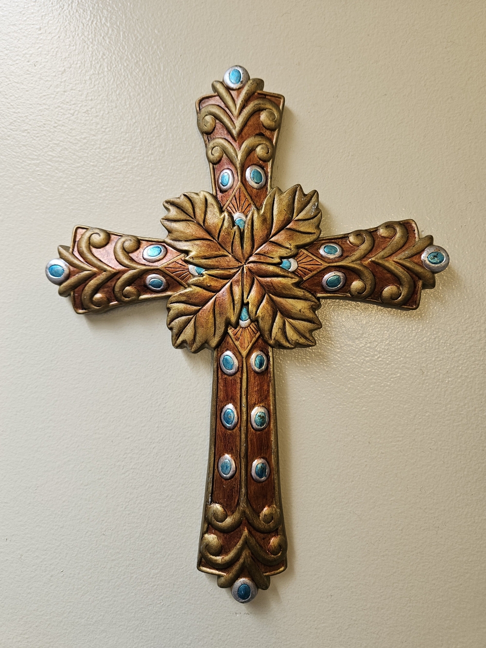 Ornate Decorative Wall Cross in Gold and Brown with Turquoise Accents